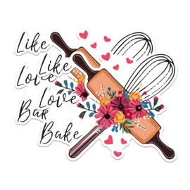 (2 Pack) Like Love Bake Stickers - Baking Themed Stickers - Floral Rolling Pin and Whisk Stickers - 5" On Longest Side - Sticks to Any Smooth Flat Surface - Made in USA - BMCS2994