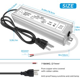 24V 60W LED Power Supply, IP67 Waterproof LED Driver, AC 80-265V to DC 24V 2.5A Converter, Outdoor Low Voltage Transformer Adapter for LED Lighting, 3-Prong Plug with 3.3 Feet Cable