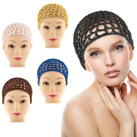 Framendino, 5 Pack Mesh Crochet Hair Net Rayon Knit Snoods Hat Thick Hairnet Cover Ornament for Night Sleeping Accessories (Blue & Black Khaki Coffee White)