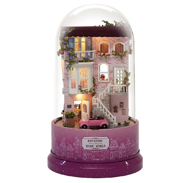Dollhouse Miniature Handmade Kit Set Dollhouse Tower Dome Series Rotating Music Box + LED Light + Domed Acrylic Cover (Pink Antique House)