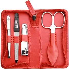 Manicure Set 4-Piece Travel Case - Nail Scissors, Nail Clippers, Nail File and Tweezers - Case Made of Genuine Nappa Lambskin Leather - Manicure and Pedicure (Orange)