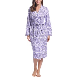 Women Jersey Knit Cotton Flower Housecoat Summer Robe Long Sleeve Bathrobe Lightweight(Purple,Medium)