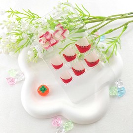 Square Press on Toenails Short Red French Tip Toe Nails Presss ons Nude Toe Nail Stickers with Rhinestones Design Fake Toe Nails Glossy Acrylic False Toenail Artificial Toenail Glue on for Girls 24Pcs