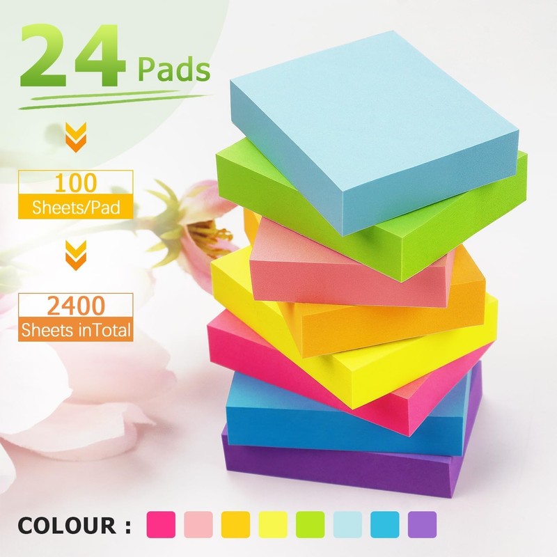 Sticky Notes 1.5x2 inch Bright Colors Self-Stick Pads 24 Pads/Pack