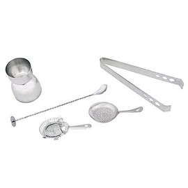 Kosma Set of 5 Stainless Steel Cocktail Set (Julep Strainer, Cocktail Mixing Spoon with Masher 30cm, 4 Prong Hawthorn Cocktail Strainer, Ice Tong 5.5", Peg Measure 30 x 60ml) | Bar Tool Set