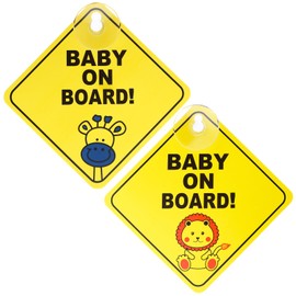 Bewudy Baby on Board Car Warning Signs, 2 Pieces 4.7 x 4.7 Inch Safety Car Sign with Suction Cups, Removable Children's Safety Warning Sticker for the Car, Yellow, Cute Baby on Board Sticker Car (Type