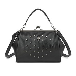 Women's Vintage Hollow Handbag PU Leather Kiss Lock Rivet Skull Shoulder Shoulder Bag Evening Clutch Satchel Purse, Black Single Skull