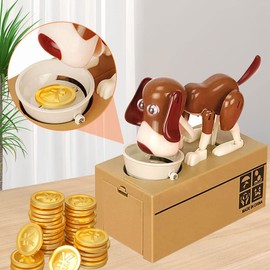 Lotvic Electronic Dog Money Box, Hungry Dog Money Box, Puppy Piggy Bank, Money Box Children, Birthday Gift for Children, Brown