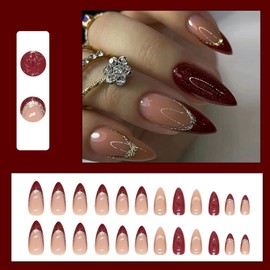 Pack of 24 False Nails, Almond Short, Red Glitter Nails for Sticking, French Tip Artificial Nails, Press on Nails with Design, Acrylic Artificial Nails, Fingernails, Fake Nails for Women and Girls