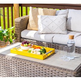 Modern Elegant 18"x12" Rectangle Yellow Shagreen Faux Leather Decorative Tray Ottoman Coffee Table Perfume Dresser Kitchen Serving Tray with Silver Metal Handles by Home Redefined for All Occasion's