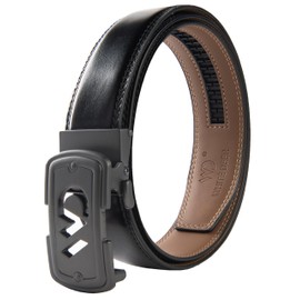white deer Men's Ratchet Leather Belt Without Holes Automatic Closure Business Suit Clothing 35mm Width Adjustable, Gun colour and black