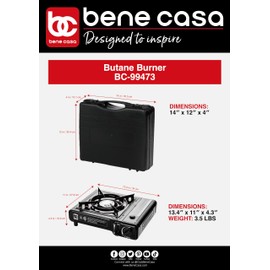 Bene Casa Portable Butane Burner 7,650 BTU | Safe & Efficient Cooking with Wind Guard & Safety Lock | Includes Portable Carrying Case