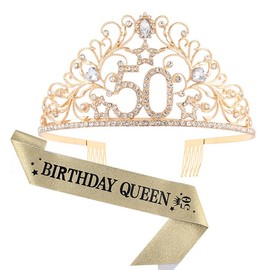 BRT Bearingshui 50th Birthday Sash and Tiara for Woman, Gold Birthday Sash Crown 50 Birthday Queen Sash for Woman, 50th Birthday Gifts for Happy 50th Birthday Party Favor Supplies