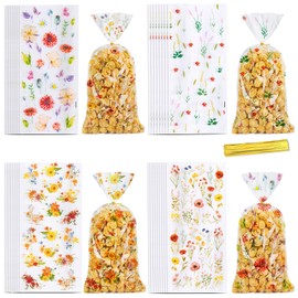 Blinket 100 Pcs Wildflower Cellophane Bags 5 × 10.8 Inch Floral Treat Bags with Twist Ties for Candy Cookie Popcorn Chocolate Dessert Packaging Wedding Party Supplies
