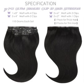 Extensiones de cabello con clip, cabello humano real de 14 pulgadas, 7 piezas, Remy, extensiones de cabello con clip sin costuras, trama de piel de PU negra azabache, 130 gramos con 18 clips,