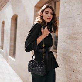 Joryin Woven Women's Crossbody Bag & Evening Purse, Trendy Dumpling Clutch & Hobo Cloud Shoulder Bag Trendy Dumpling Clutch, Woven Leather-basalt Black