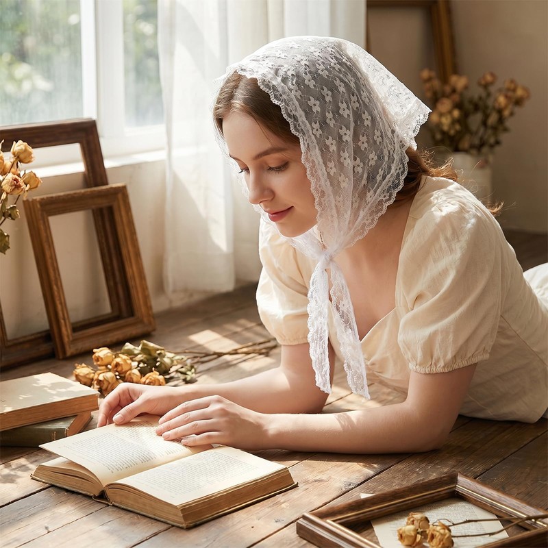 White Lace Head Scarf, Floral Apron Triangle White Head Scarf