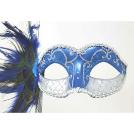 LADIES SPARKLING BLUE & SILVER VENETIAN MASQUERADE CARNIVAL PARTY EYE HAND HELD MASK ON A STICK WITH PEACOCK FEATHERS