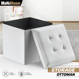 MoNiBloom Small Ottoman with Storage, 15 Inch Faux Leather Flip Top Storage Ottoman Cube Foot Rest with Hinged Lid for Living Room Bedroom, White