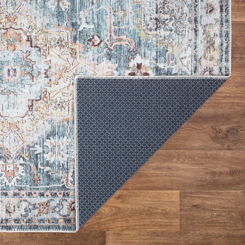 Bloom Rugs Washable Non-Slip 7 ft Runner - Teal/Peach Traditional