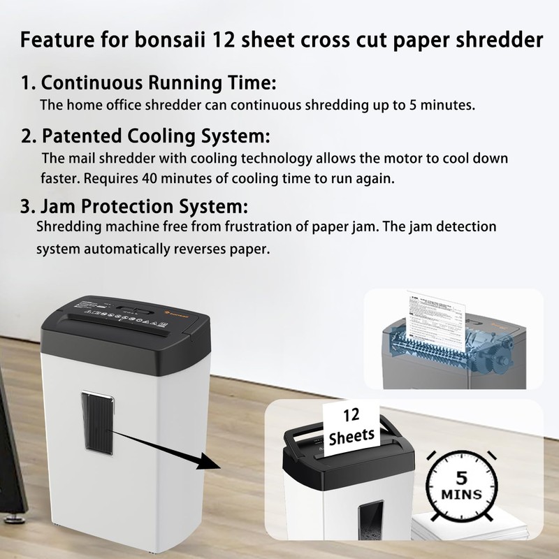 Bonsaii Heavy-Duty Shredder, Up to 12 Sheets, P-4 high Security,
