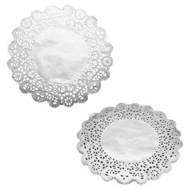 sourcing map 50pcs Lace Paper Doilies 10.5 Inch Silver Round Disposable Decorative Paper Placemats Hollow Flower Absorbing Papers for Cakes Desserts Food Decoration Wedding Birthday