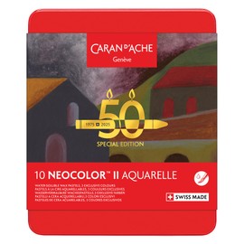 Caran d'Ache Neocolor II Water Soluble Wax Pastels 50 Years Special Edition Dark Tin of 10 Colours Art Painting Pencils Art Lovers Gift Art Set Pastel Colouring