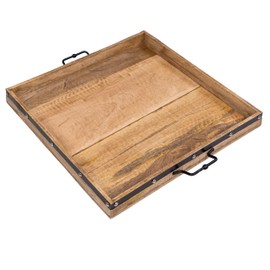 24"x24" Extra Large Square Ottoman Tray, Heavy Duty Mango Wood, for Serving Tea, Breakfast in Bed, Living Room Large Coffee Table Tray Rustic with Farmhouse Style, Decorative Handles and Accent Strap