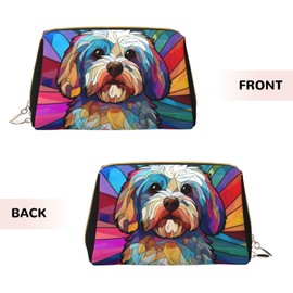 Novgift Havanese Stained Dog Breed Glass Art Leather Makeup Bag Travel Cosmetic Bag For Women Large Capacity Makeup Pouches