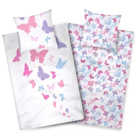 Aminata kids Butterfly Bed Linen 135 x 200 cm Girls Cotton Butterflies Colourful White YKK Zip Animal Motif Butterfly Reversible Bedding Set White Purple