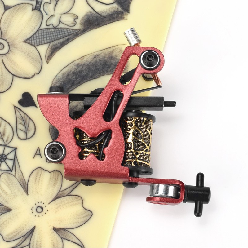 10 Wraps Coil Tattoo Machine Iron Frame Red Hollow Butterfly