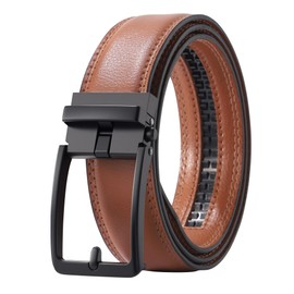 AWAYTR Men Ratchet Genuine Leather Belt - Adjustable Casual Dress Belt for Jeans with Slide Buckle, Black Buckle-Brown, Fit Waist 38-43in