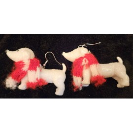 Bulldog DACHSHUND EARRINGS WEINER DACKEL SAUSAGE DOG WHITE W/ RED SCARF HOUND HANDMADE!!