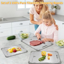 ZYBIDEAL 3Pcs 100% Pure Titanium Cutting Board with Grooves, Update Double Side Titanium Chopping Board, Silicone Anti-slip Stainless Cutting Boards Set for Kitchen, Grey