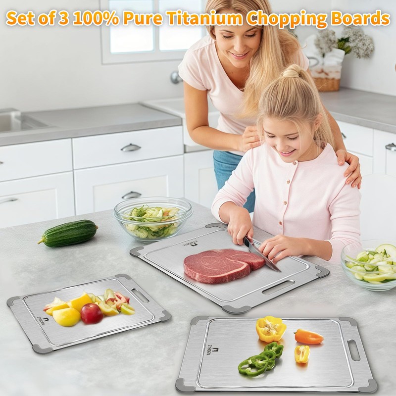 ZYBIDEAL 3Pcs 100% Pure Titanium Cutting Board with Grooves, Update