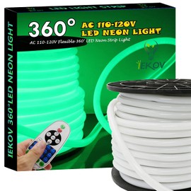 IEKOV [Upgrade] 360° LED NEON Light, AC 110-120V Flexible 360 Degree LED Neon Strip Lights, Dimmable & Waterproof NEON LED Rope Light + Remote Controller for Decoration (32.8ft/10m, Green)