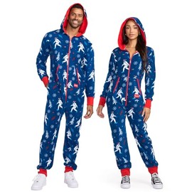 Tipsy Elves Christmas Onesies for Adults - Comfy Unisex Matching Holiday Jumpsuits with Convenient Pockets - Blue Yuletide Yeti Christmas Jumpsuit Size X-Small