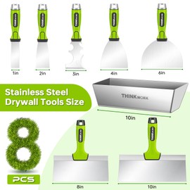 THINKWORK Drywall Tools - 8Pcs Stainless Steel Drywall Knife Set with Putty Knife, Taping Knives, Painter Scraper & 10" Mud Pan, Spackle Tool Set for Joint Taping, Finishing & Patching