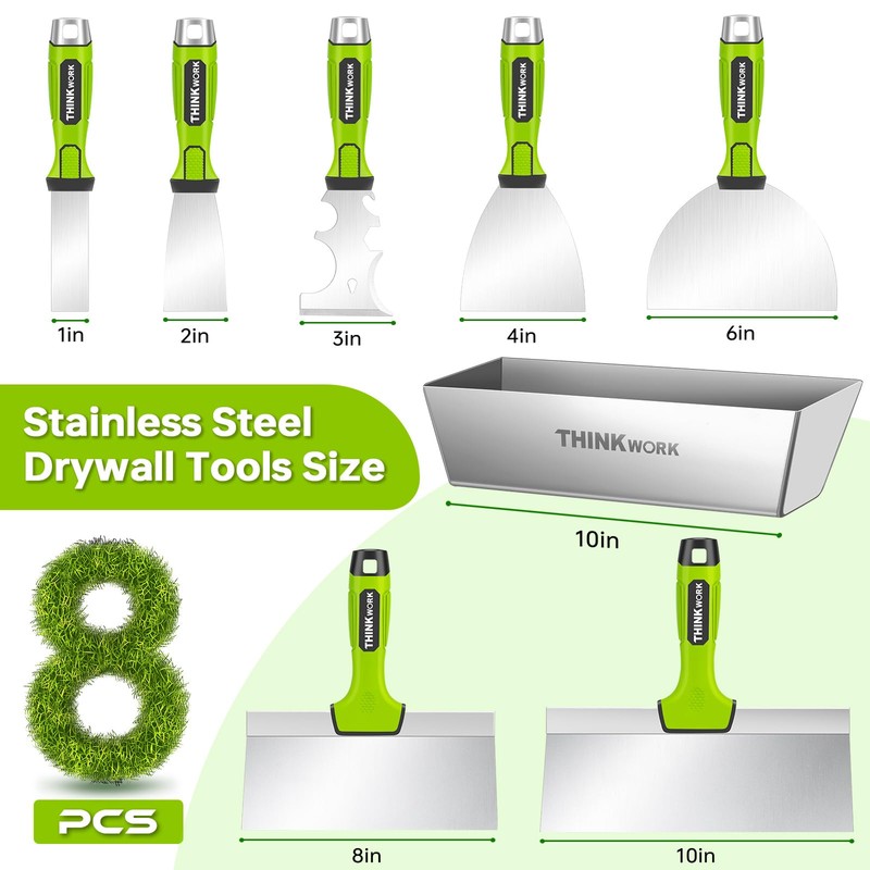 THINKWORK Drywall Tools - 8Pcs Stainless Steel Drywall Knife Set
