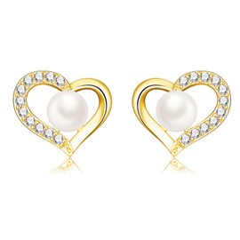 Gold Pearl Heart Earrings for Women, 925 Sterling Sliver Pearl Heart Studs Earrings, Dainty Wedding Pearl Earrings Bridesmaid Gift, Valentines Pearl Earrings Jewelry Ladies Girls Gifts