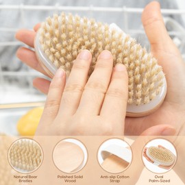 2 Pack Dry Brush, Dry Brushing Body Brush for Lymphatic Drainage & Cellulite, Natural Bristle Exfoliating Body Brush with Massage Nodes for Improve Blood Circulation Soft & Smooth Skin (1 Oval+1 Round)