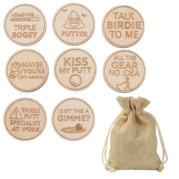 SG Store Set of 8 Golf Markers Laser Engraved Round Wooden Funny Series Golf Accessories for Putting Green Alignment Ball Marker with Drawstring Bag 25x3mm