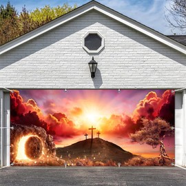 XMJJKUF Easter Garage Door Banner 16x7ft Holy Light Sunrise Sunset Christ Cross Garage Door Decoration Christian Garage Buddy Door Covers Birth of Jesus Large Backdrops Outside Church Event Props
