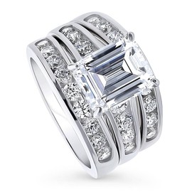 BERRICLE Sterling Silver Solitaire Wedding Engagement Rings 3.8 Carat Emerald Cut Cubic Zirconia CZ Statement Ring Set for Women, Rhodium Plated Size 6.5