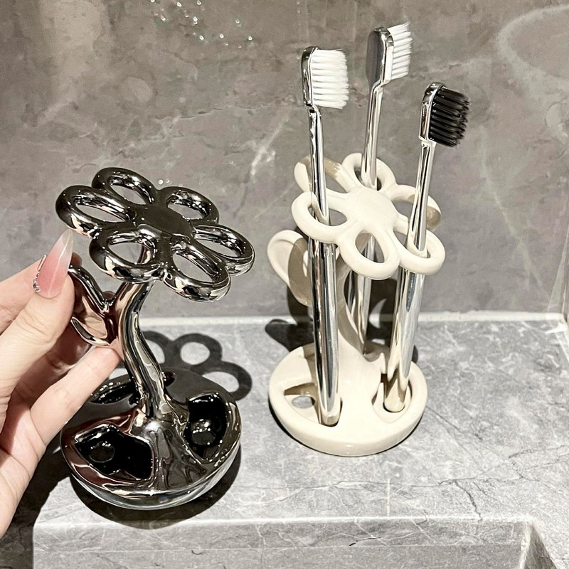 Floral Ceramic Toothbrush Holder Toothbrush Holders for bathrooms (Silver)