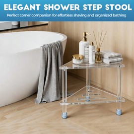Cutora Acrylic Corner Shower Stool for Shaving Legs 14.3''H Clear Waterproof Foot Rest with Storage Shelf Triangle Shower Bench for Small Inside Spaces