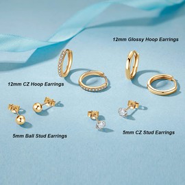 Zolkamery Hoop Earrings Silver 925 Earrings for Women, 925 Sterling Silver Stud Hoop Earrings Set, Small Sleeping Stud Earrings Hoop Earrings Set, 12 mm Hoop Earrings & 5 mm Stud Earrings, Silver