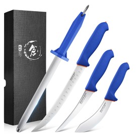 DRAGON RIOT 4 Piece Butcher Knife Set Brisket Trimming Set Include 6" Boning Knife, 6" Skinning Knife, 10" Butcher Breaking Knife and 10" Sharpening Steel