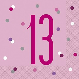 Dazzling 13th Glitz Pink & Silver Luncheon Napkins (16cm) - Soft & Chic Sparkling Design - Perfect for Celebrations & Events - 16ct