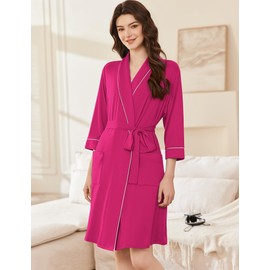 Ekouaer Women Robes Shawl Collar Bathrobe Short Kimono Robe Soft Knit Bathrobes Ladies Sleepwear with Pockets Rose Red Large